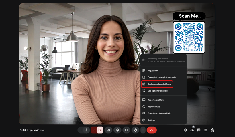 Now, upload your virtual background to any meeting platform you choose—Google Meet, Zoom, or Microsoft Teams. 
