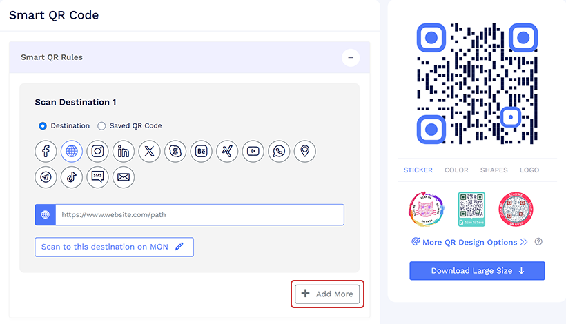 Smart QR Code settings with Add More button highlighted.