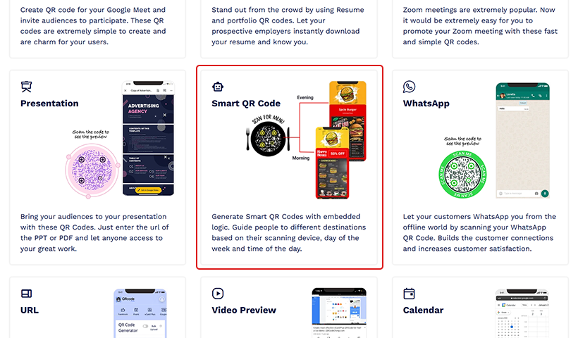 Smart QR Code feature card highlighted.