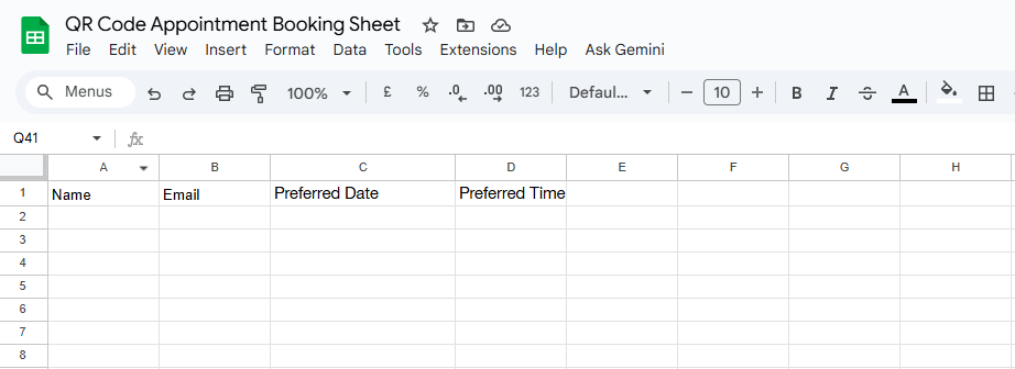Google Sheets document titled “QR Code Appointment Booking Sheet” with columns for Name, Email, Preferred Date, and Preferred Time.