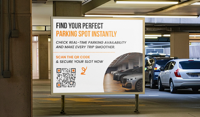 Parking lot billboard with QR code for checking real-time parking availability.