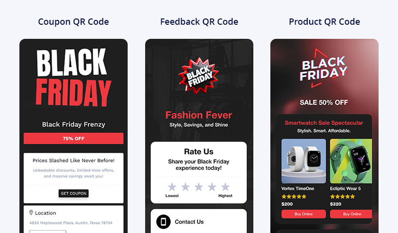 A side-by-side comparison of three mobile landing pages created using QR codes: Coupon QR Code (75% OFF offer), Feedback QR Code (Rate Us section for "Fashion Fever"), and Product QR Code (50% OFF on two smartwatches).
