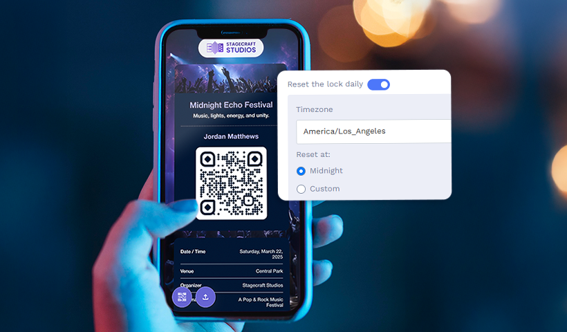 Digital event ticket on a phone with daily lock-reset settings visible.