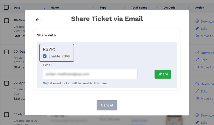 Popup showing RSVP enable option when sharing a ticket via email.