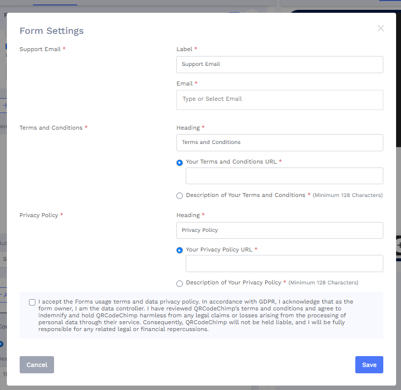 Form Settings window showing fields for support email, terms and conditions, and privacy policy.