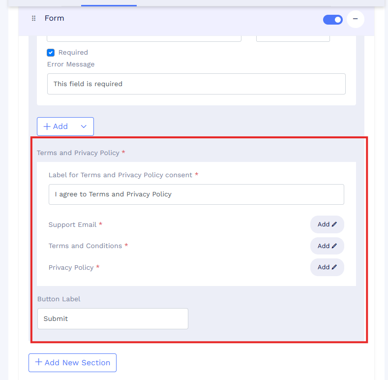 Form settings showing Terms and Privacy Policy section fields.