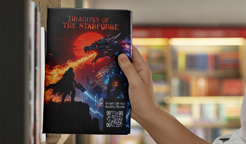 Hand holding a fantasy book with a QR code on the cover for accessing the audiobook.