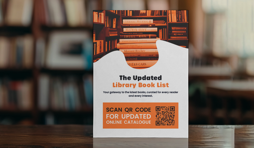 Library display card with a QR code for viewing the updated online book catalog.
