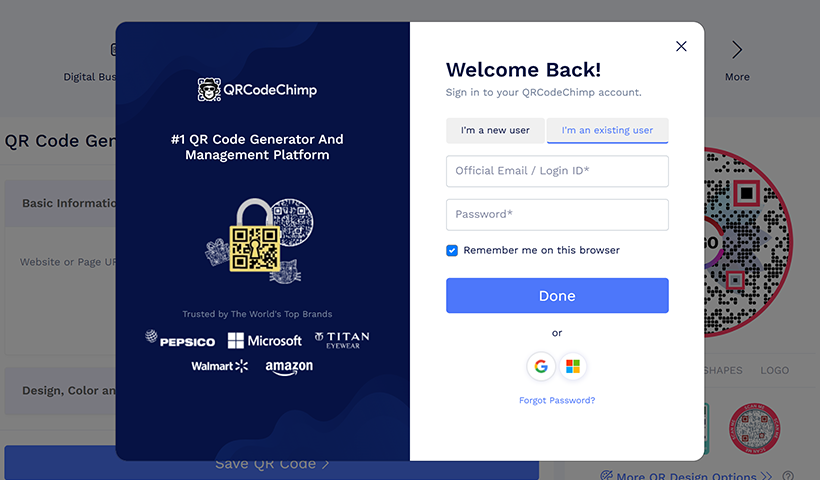 Login screen for a QRCodeChimp QR code generator platform.