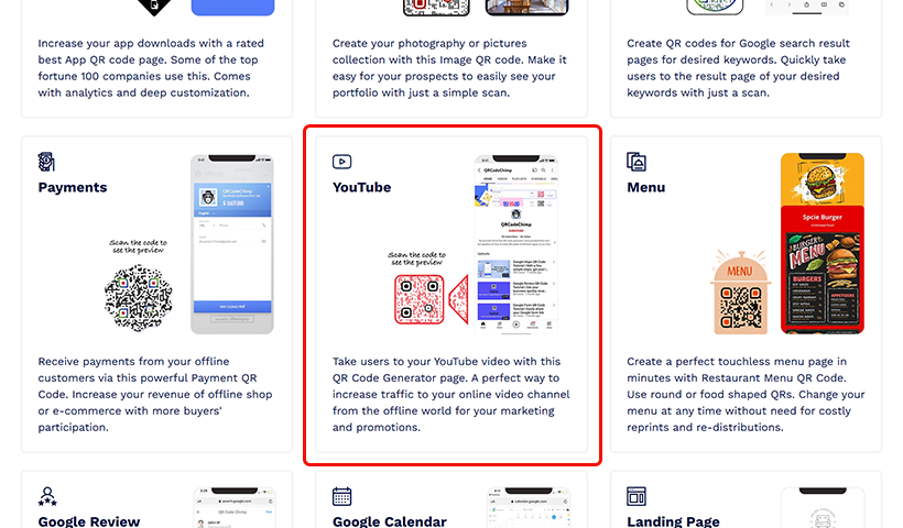 Menu showing the YouTube QR code option among other QR solutions.