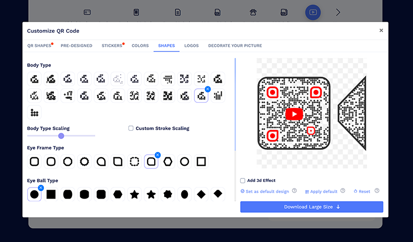 QRCodeChimp QR code editor showing customization options for shapes and styles.