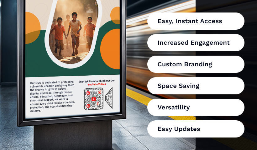 Poster at a subway station listing benefits of using QR codes.